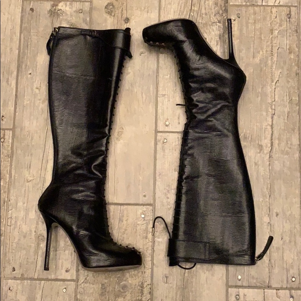 Sergio Rossi black leather lace up knee boots 37